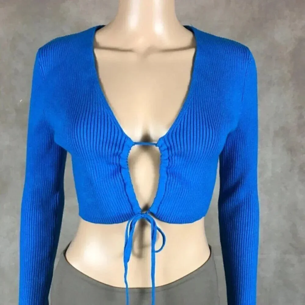 ZARA Blue Tie Front Rib Knit Crop Top Size Large